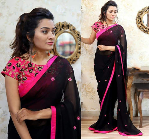 Black Color Lovely Embroidered Sana Silk Saree