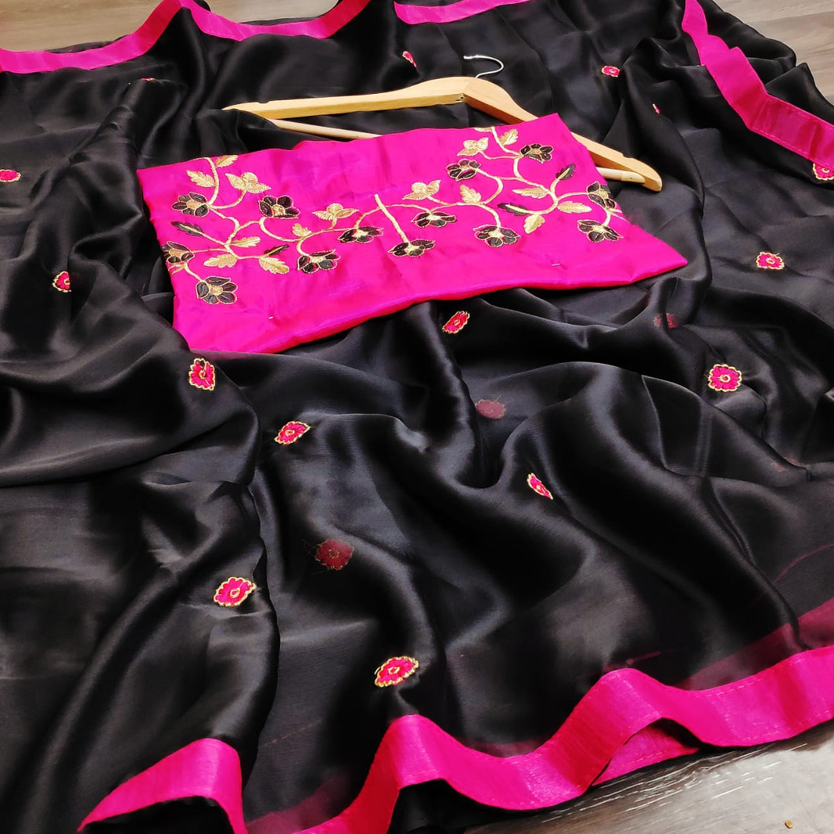Black Color Lovely Embroidered Sana Silk Saree
