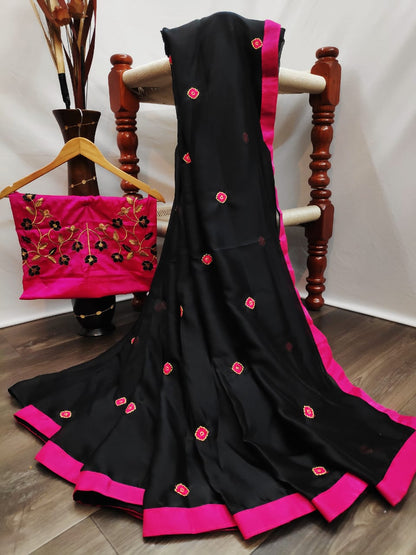 Black Color Lovely Embroidered Sana Silk Saree