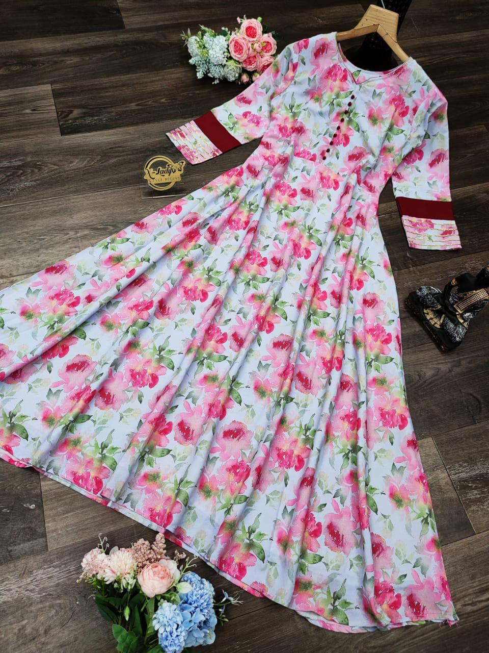 Awesome Pink Color Georgette Printed Long Dress For Women
