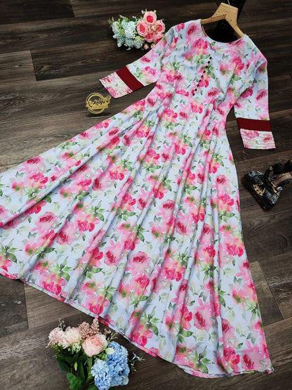 Awesome Pink Color Georgette Printed Long Dress For Women