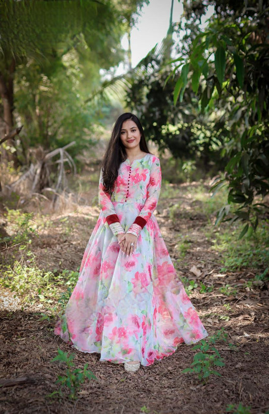 Awesome Pink Color Georgette Printed Long Dress For Women