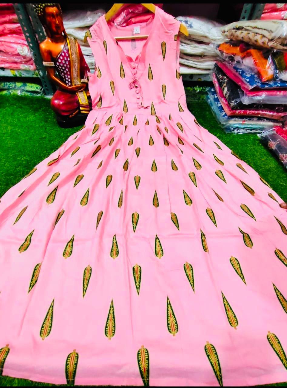 Pink Color with Print Work Full Flair long Gown Dress For women