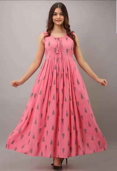 Pink Color with Print Work Full Flair long Gown Dress For women