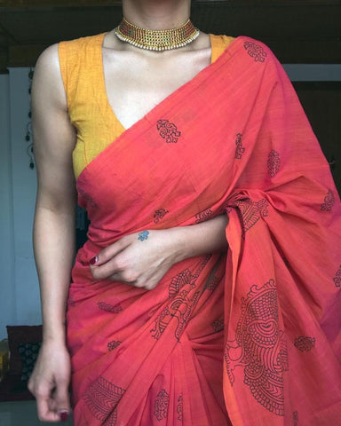 confounding Printed Cotton Linen Saree With Blouse