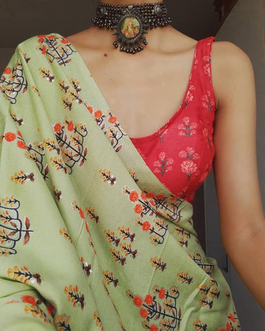 dismaying Printed Cotton Linen Saree With Blouse