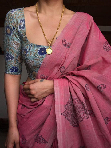 spectacular Printed Cotton Linen Saree With Blouse