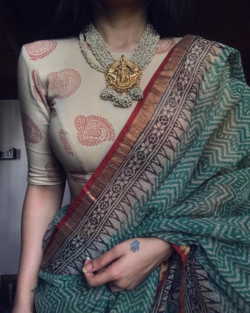astounding Printed Cotton Linen Saree With Blouse