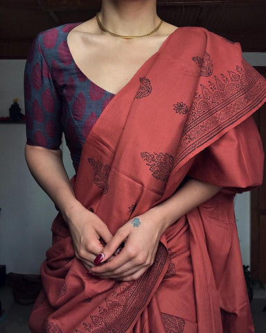 stunning Printed Cotton Linen Saree With Blouse