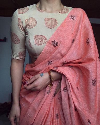 shocking Printed Cotton Linen Saree With Blouse