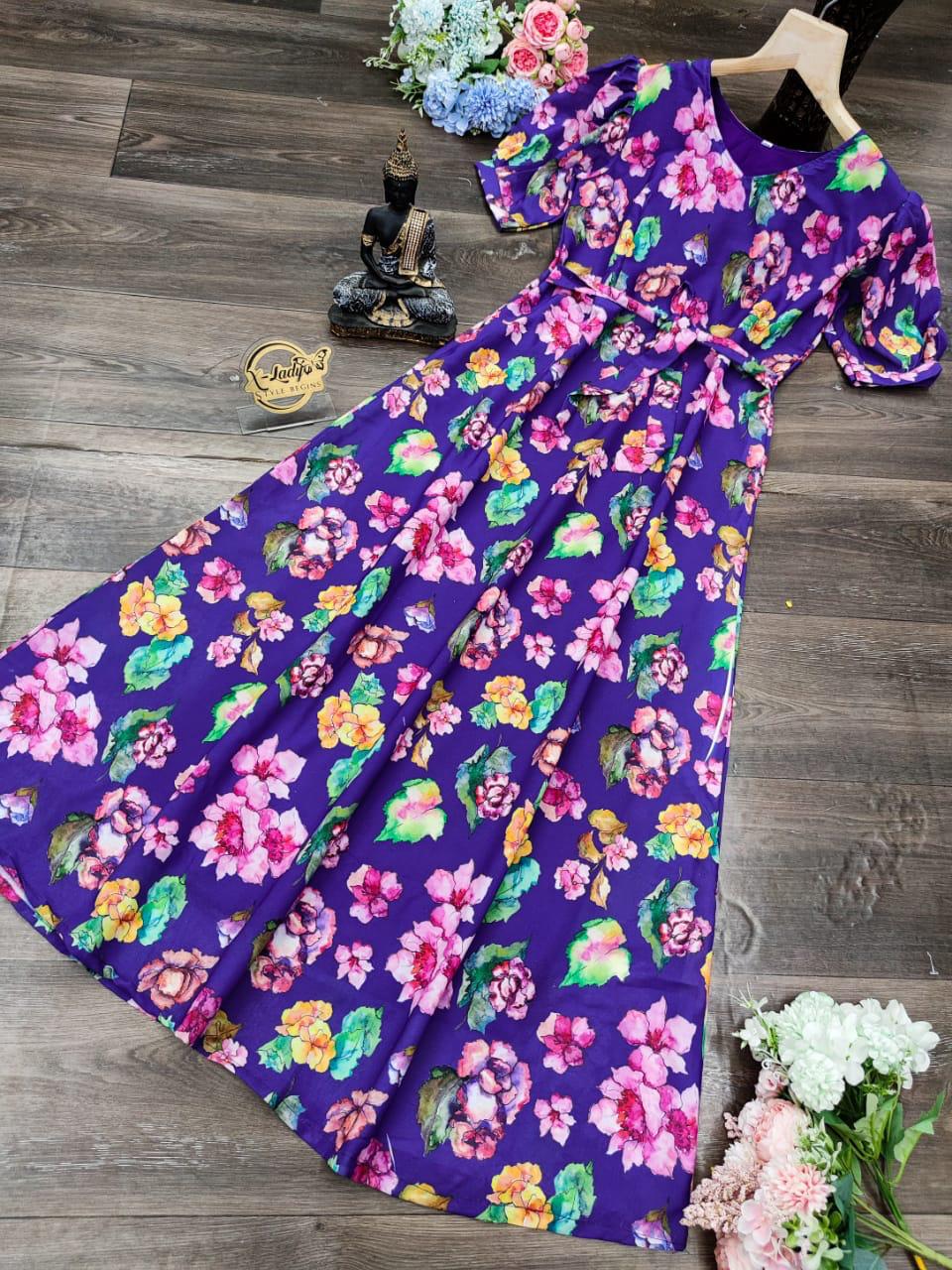 Fashionable Purple Color Printed Long Maxi Dress For Women