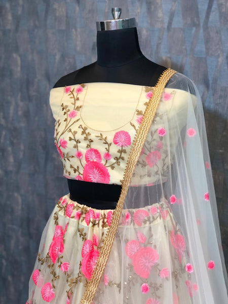 White & Pink Colored Designer Semi Stitched Net Lehenga Choli For Women