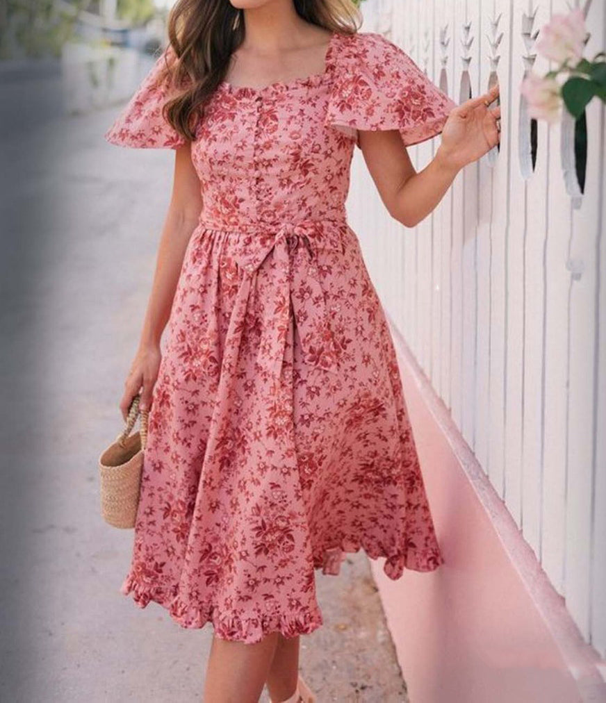 Floral Print Short Frock Design Floral Print V-Neck Knotted Short