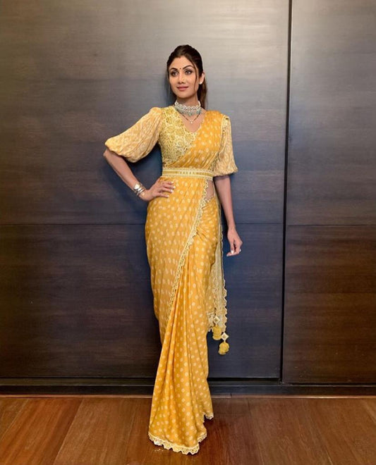 Golden Colored Designer Georgette Digital Print Saree For Women