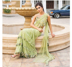 Green Color Party Wear Georgette Embroidered Ruffle Saree