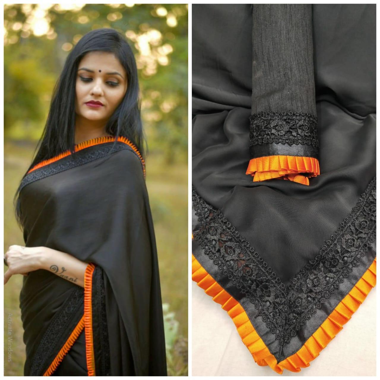 Orange Colored Border Black Georgette Saree With Blouse For Women