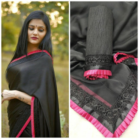 Pink Colored Border Black Georgette Party Wear Saree With Blouse For Women