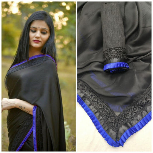 Blue Colored Border Black Georgette Party Wear Saree With Blouse For Women
