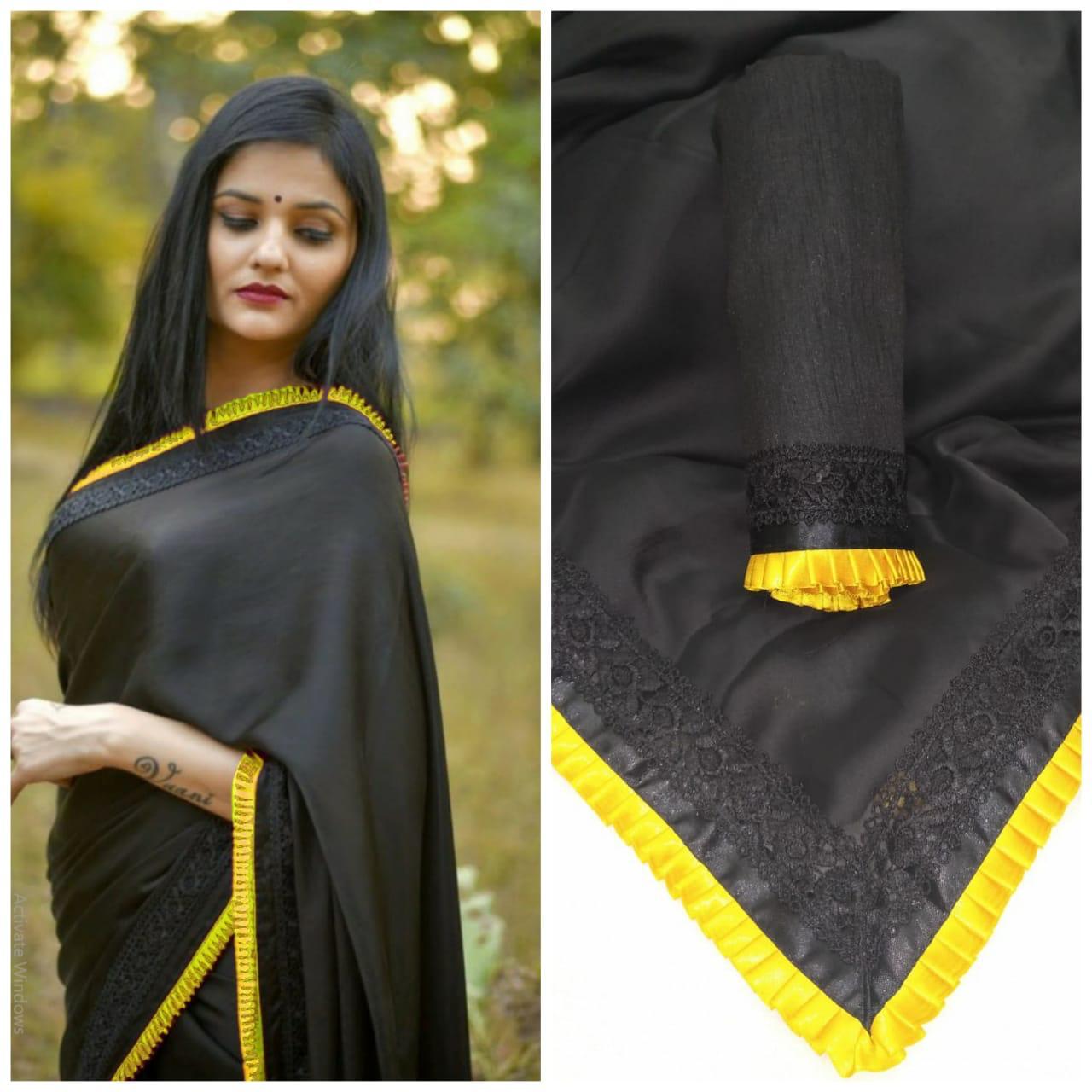 Yellow Colored Border Black Georgette Party Wear Saree With Blouse For Women