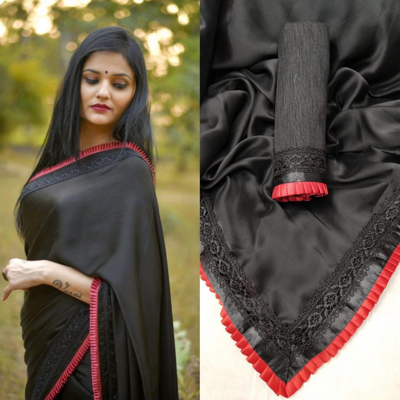 Red Colored Border Black Georgette Party Wear Saree With Blouse For Women