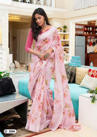 Pink Colored Party Wear Flower Digital Print Linen Saree For Women