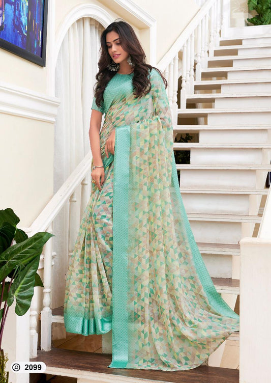 Blue Colored Party Wear Latest Flower Digital Printed Linen Saree For Women