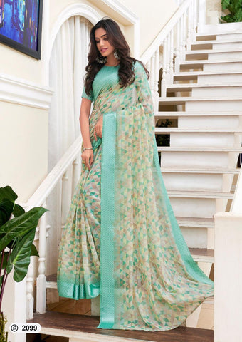 Blue Colored Party Wear Latest Flower Digital Printed Linen Saree For Women