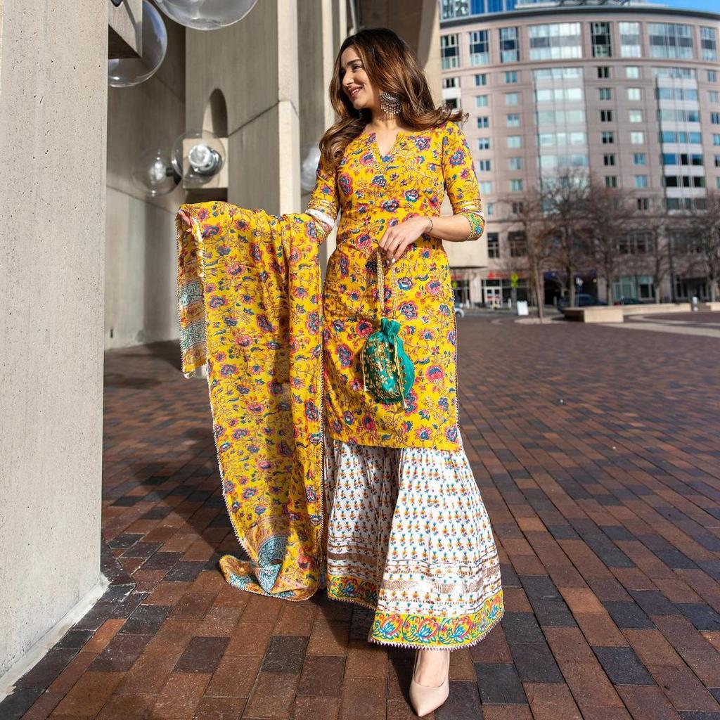 Tremendous Yellow Color Printed Plazo Suit Set For Women