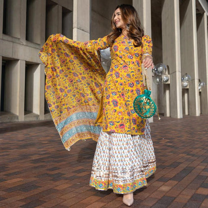 Tremendous Yellow Color Printed Plazo Suit Set For Women