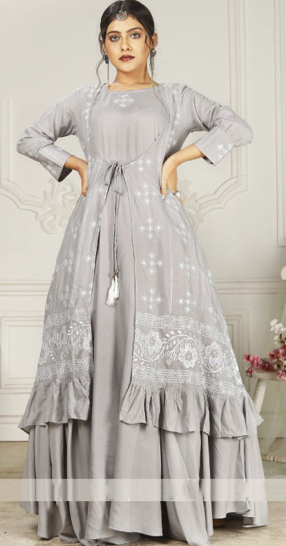 Designer Grey Color Long Frock Koti Gown for Women