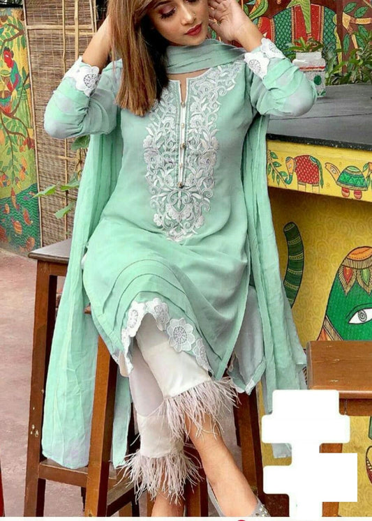 Green Colred Embroidered Party Wear Cotton Unstitched Women's Plazo dress