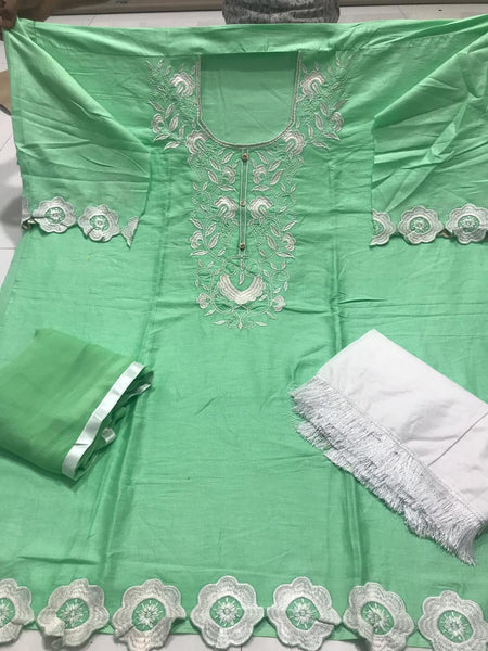 Green Colred Embroidered Party Wear Cotton Unstitched Women's Plazo dress
