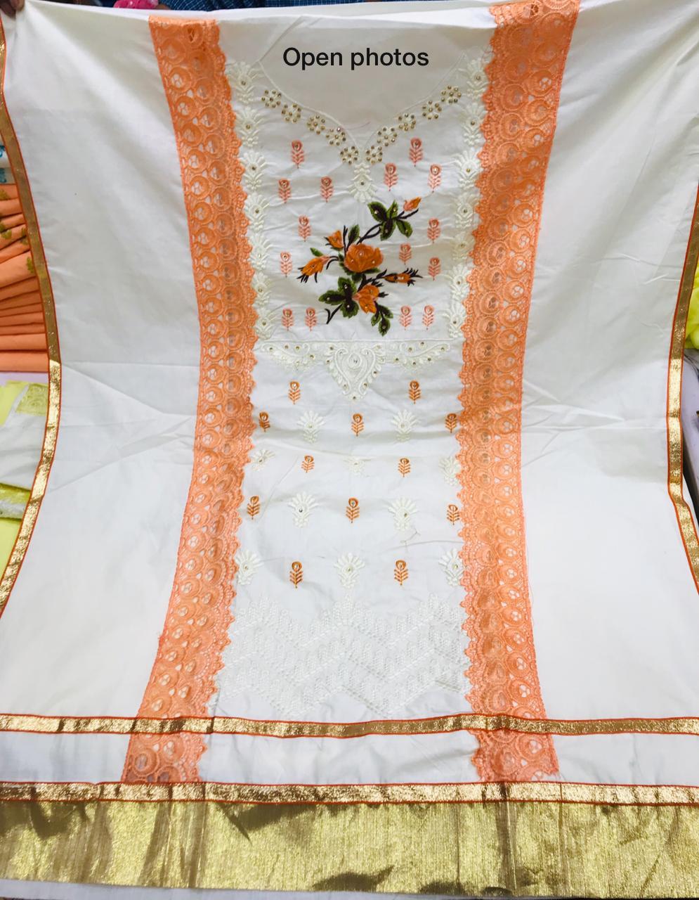 Orange ColoredParty Wear Embroidery Women's Cotton Dress Materials With Price