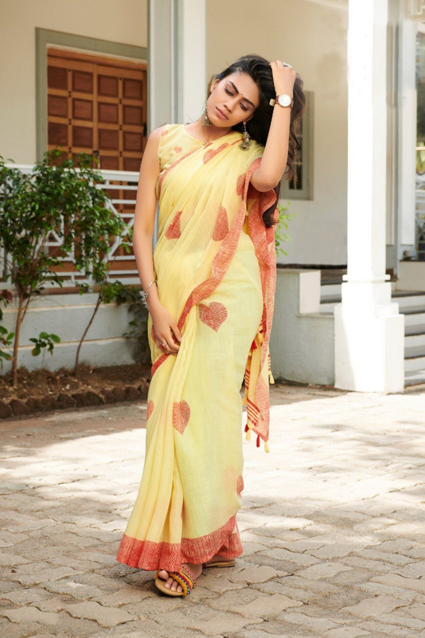 Light Orange Colored Party Wear Heart Printed Linen Saree With Blouse For Women