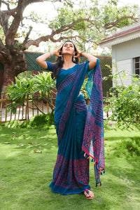 Blue & Green Two Tone Designer Printed Linen Saree With Blouse For Ladies