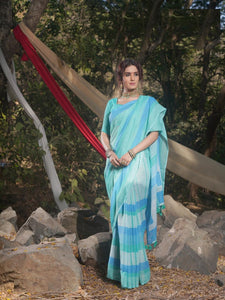Sky Blue Colored Designer Linen Printed Saree With Blouse For Women