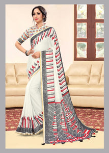 White Color Linen Party Wear Printed Saree For Women