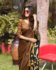Eye-catching Dark Coffee Colored Designer Party Wear Linen Printed Saree For Women