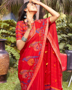 Impressive Red Colored Party Wear Designer Linene Printed Saree For Women