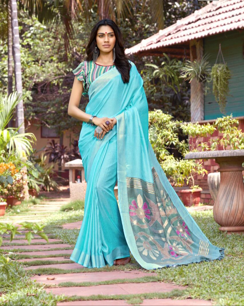 Magnificent Sky Blue Colored Function Wear New Linen Printed Saree For Women