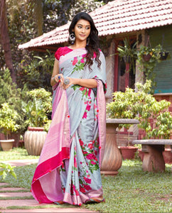 Breathtaking Pink & Blue Flower Printed Linen Saree With Blouse For Women