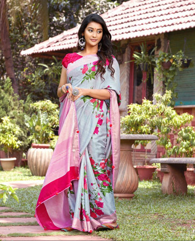 Breathtaking Pink & Blue Flower Printed Linen Saree With Blouse For Women