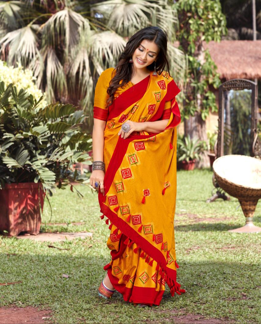 Noticeable Red & Yellow Colored Linen Printed Party Wear Latest Saree For Ladies
