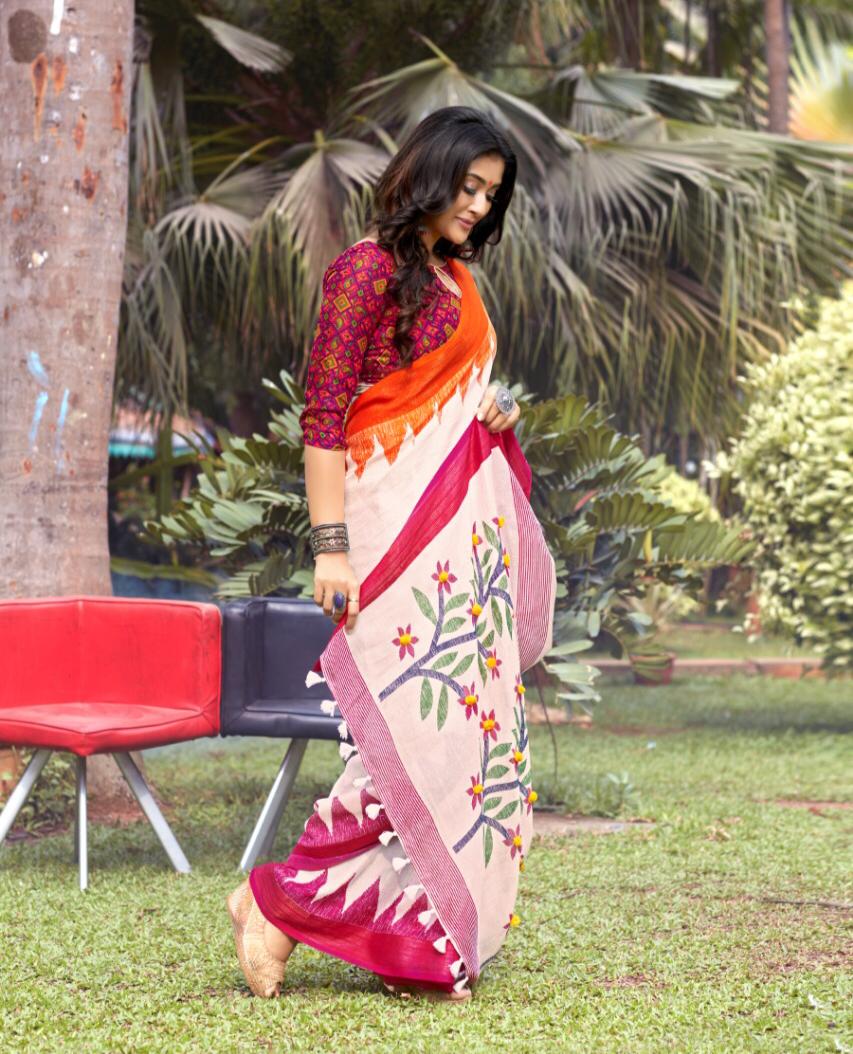 Marvellous Multi Colored Linen Printed Party Wear Saree With Blouse For Women