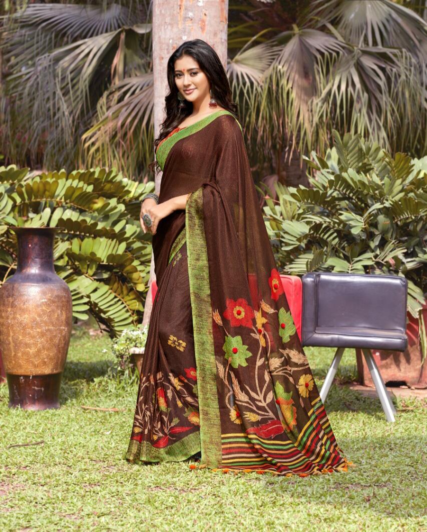 Awesome Coffee Colored Linen Printed Function Wear Saree For Women