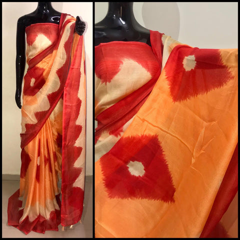Orange Colored Linen Party Wear Printed Women’s Saree With Blouse