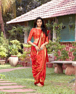 Spectacular Red colored Printed Linen Saree With Blouse For Women
