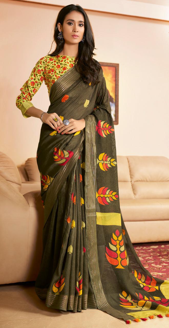 Green Colored Leaf Printed Party Wear Ladies Saree For Women With Blouse