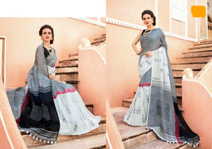 Grey & White Linen Printed Designer Function Wear Women’s Saree With Blouse