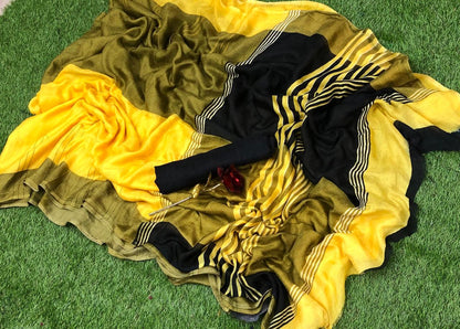Yellow & Black Colored Party Wear Linen Printed Saree For Women Online